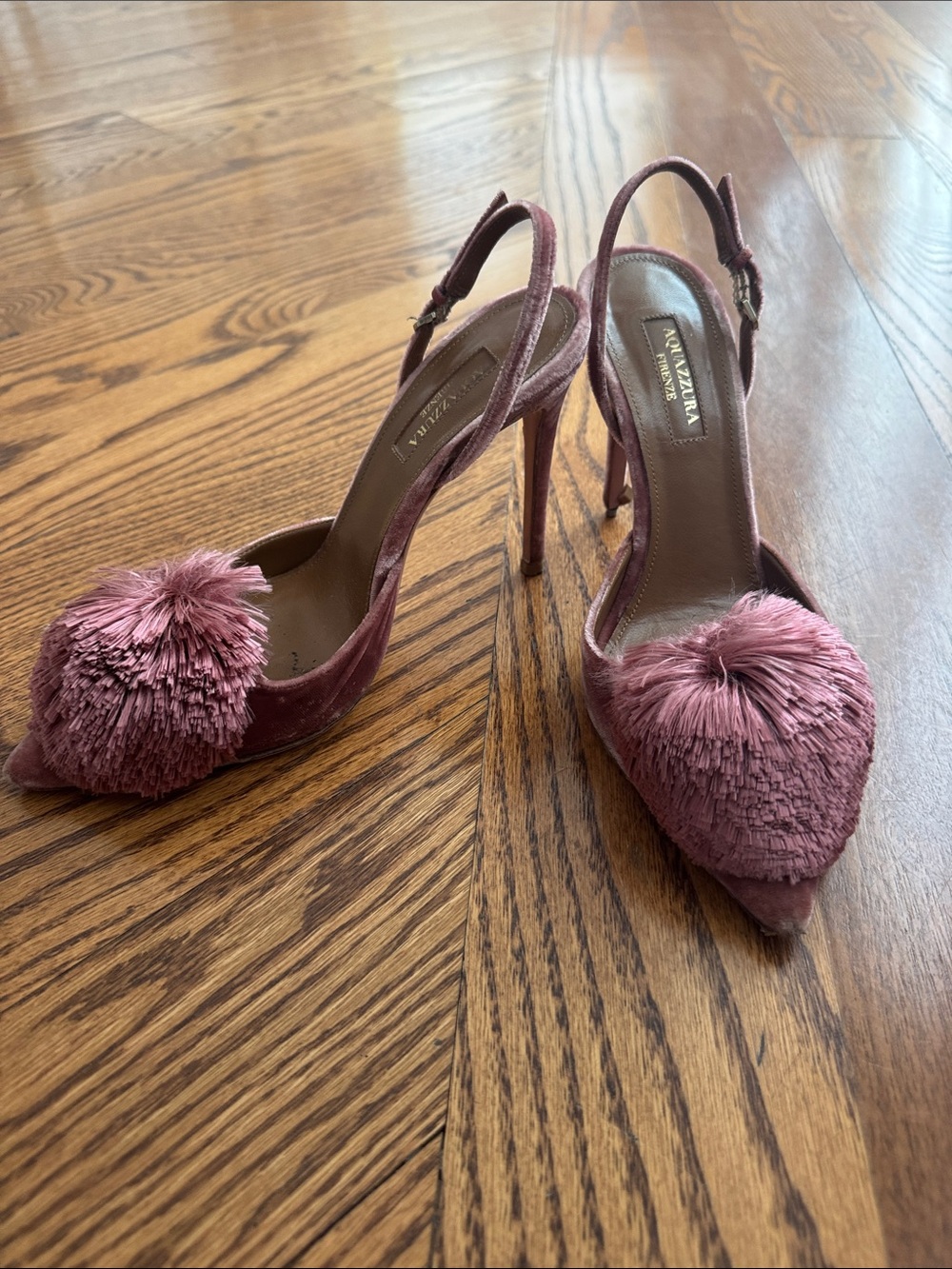 Aquazzura Mauve Velvet Pom-Pom Slingback Heels